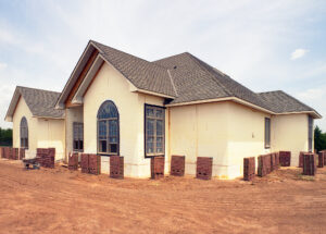 Mike's custom home with the ICF walls exposed, in preparation for adding the decorative brick outer layer.