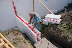 SuperForm ICF blocks being assembled on the construction site showing a wall being built out perpendicular from the main outer wall.