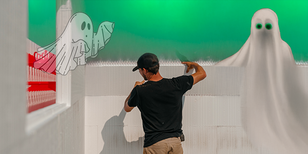 A construction worker is creating an ICF wall with spooky green mist around and ghosts hovering by.