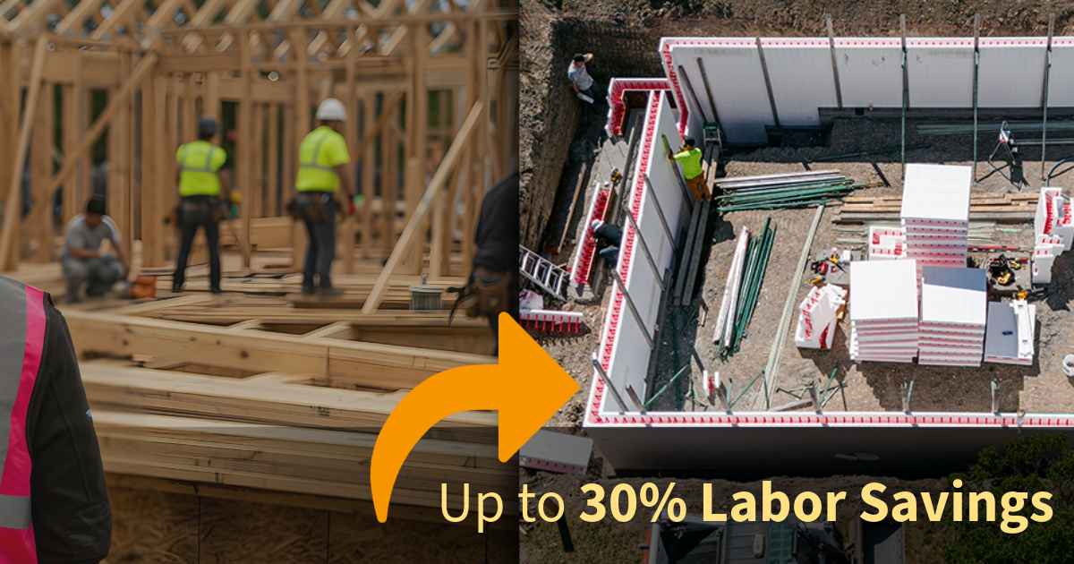 "Stick-built" vs. ICF construction. Left side shows typical wood-framing of a structure and the right side shows an ICF construction site. Text overlay says: Up to 30% Labor Savings.
